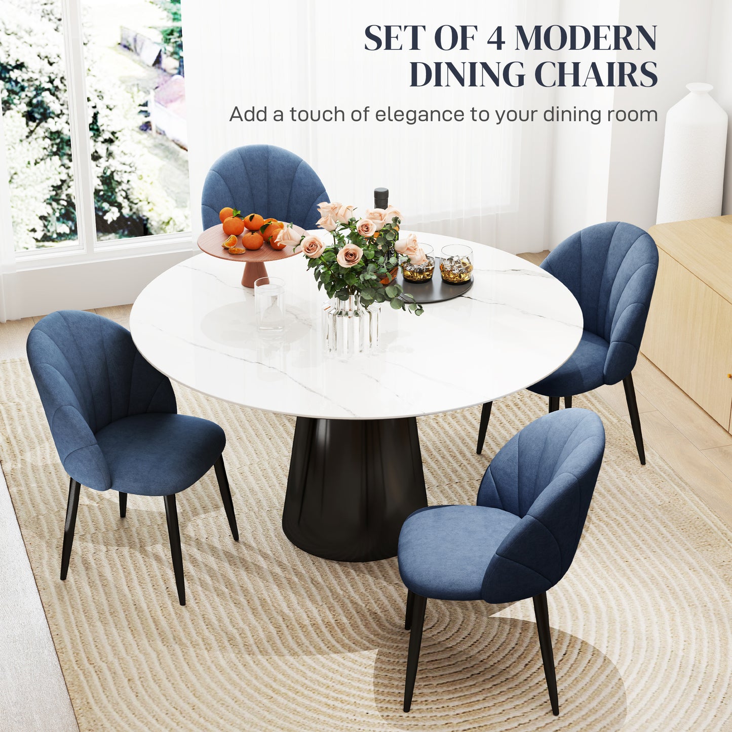 Upholstered Dining Chairs with Shell Backrest and Metal Legs, Blue (Set of 4)