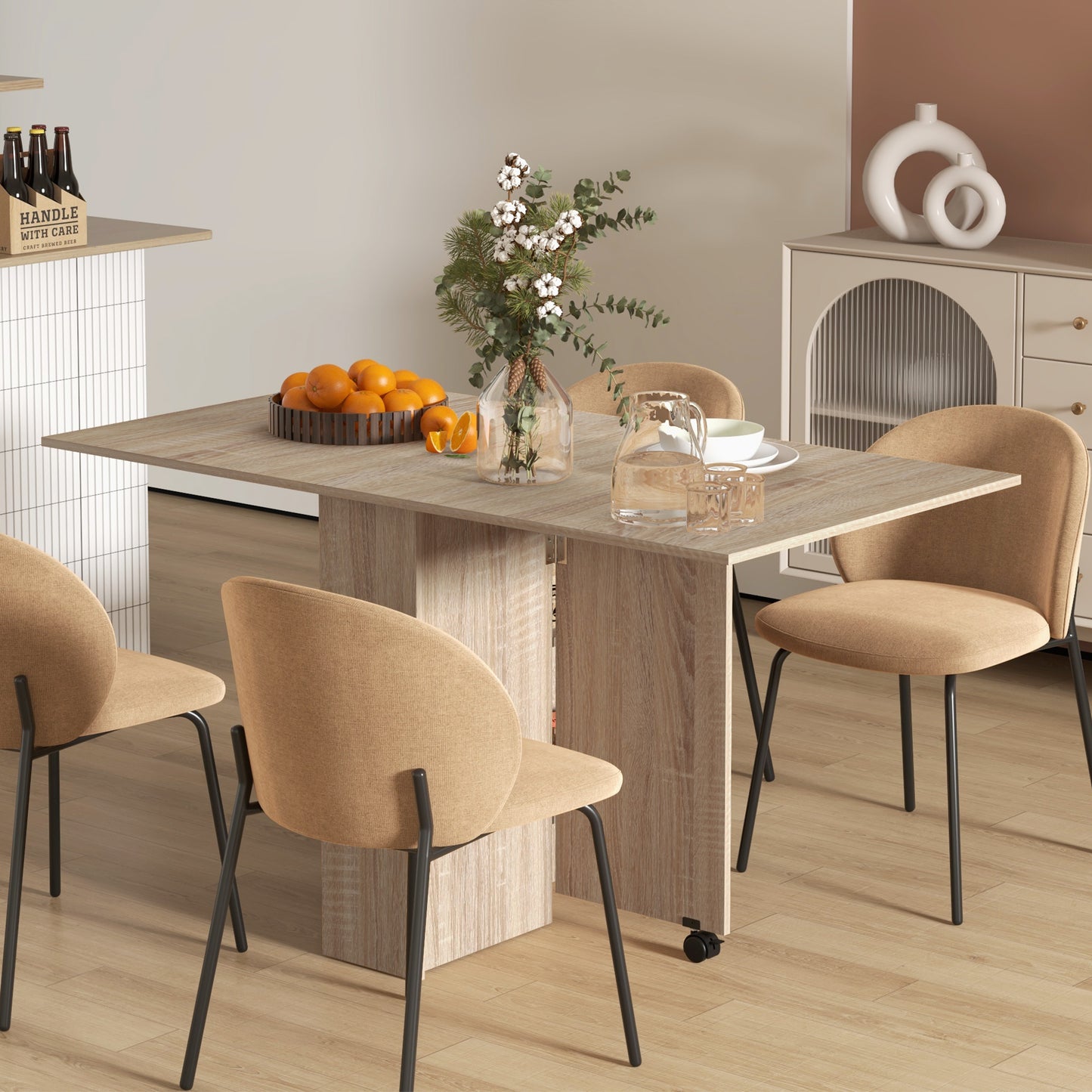 Extendable Dining Table with Storage Shelves and Rolling Wheels - Natural Wood