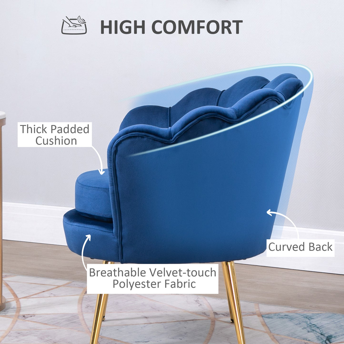 Modern Velvet Accent Chair with Lotus Backrest and Gold Legs, Blue