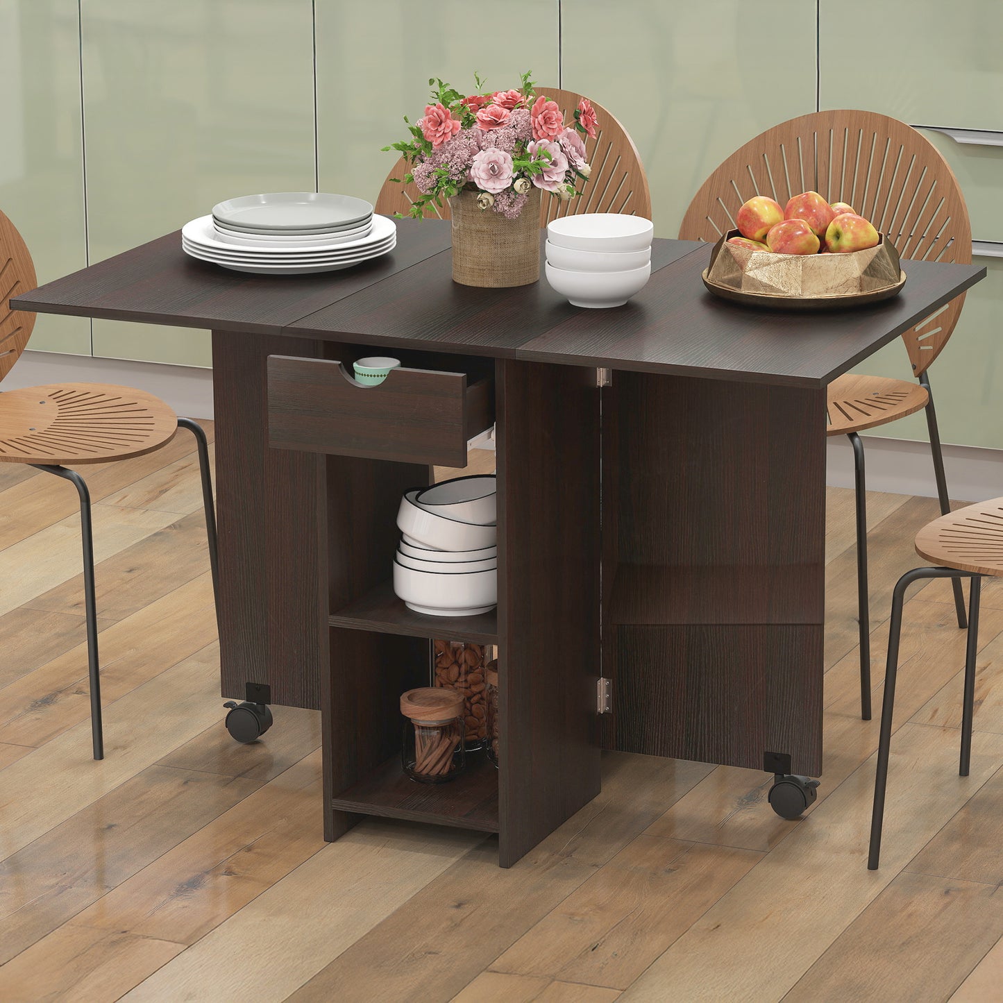 Folding Dining Table with Drawer and Storage Shelves - Dark Brown