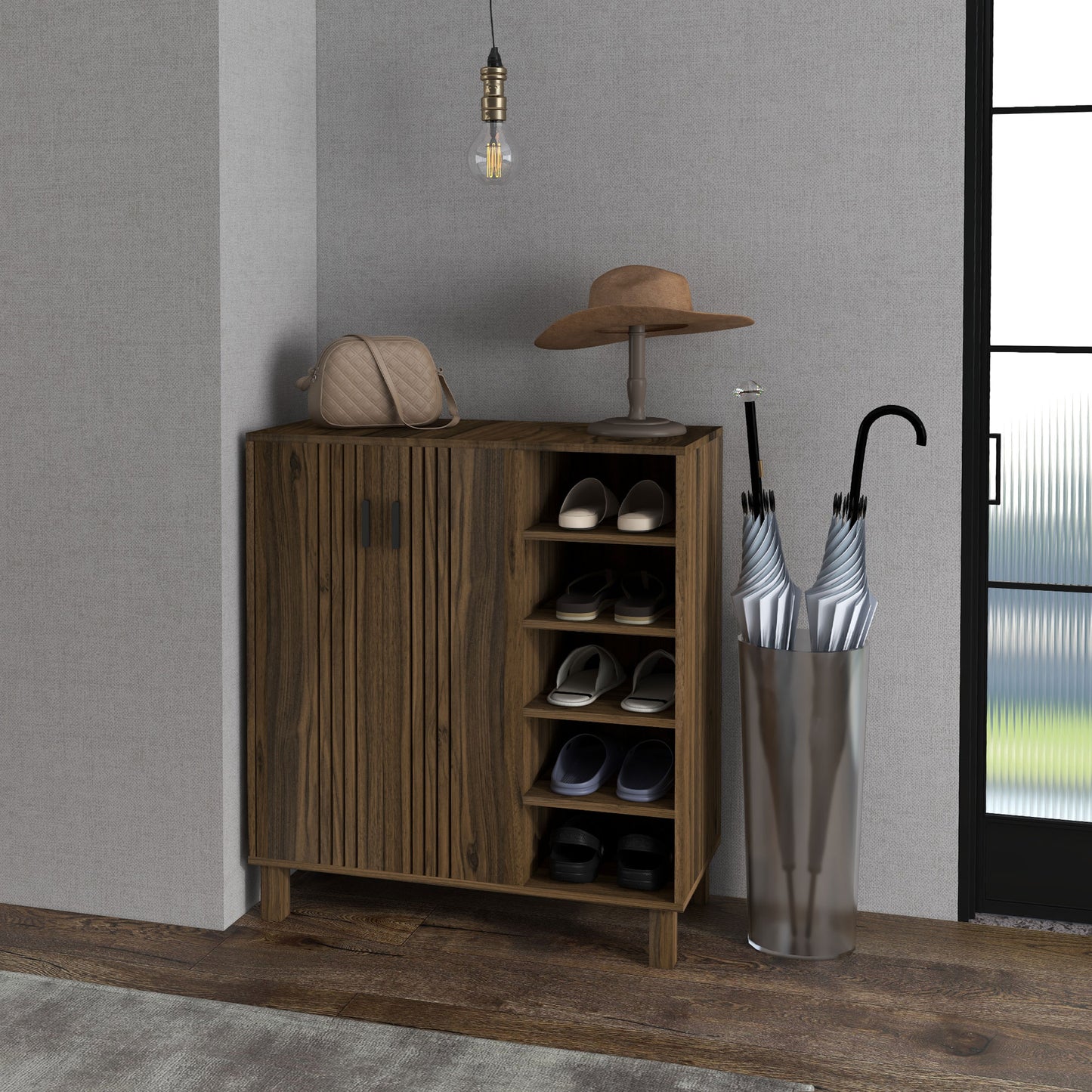 17 Pair Shoe Storage Cabinet with Double Doors and Open Shelves, Walnut
