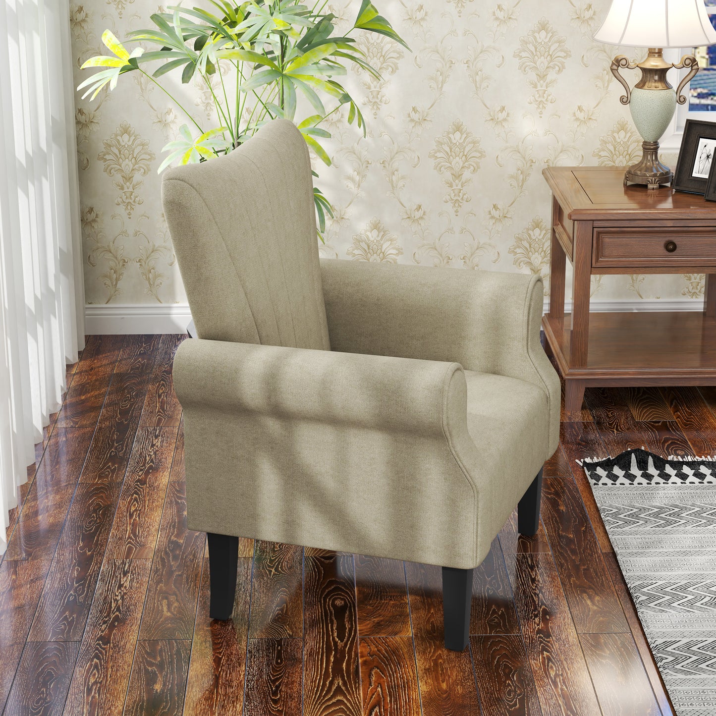 Fabric Wingback Accent Chair with Wood Legs, Beige