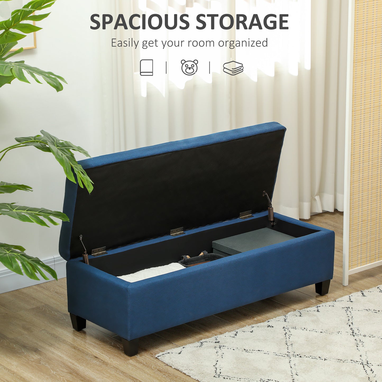 Rectangular Tufted Storage Bench with Wood Feet, Blue