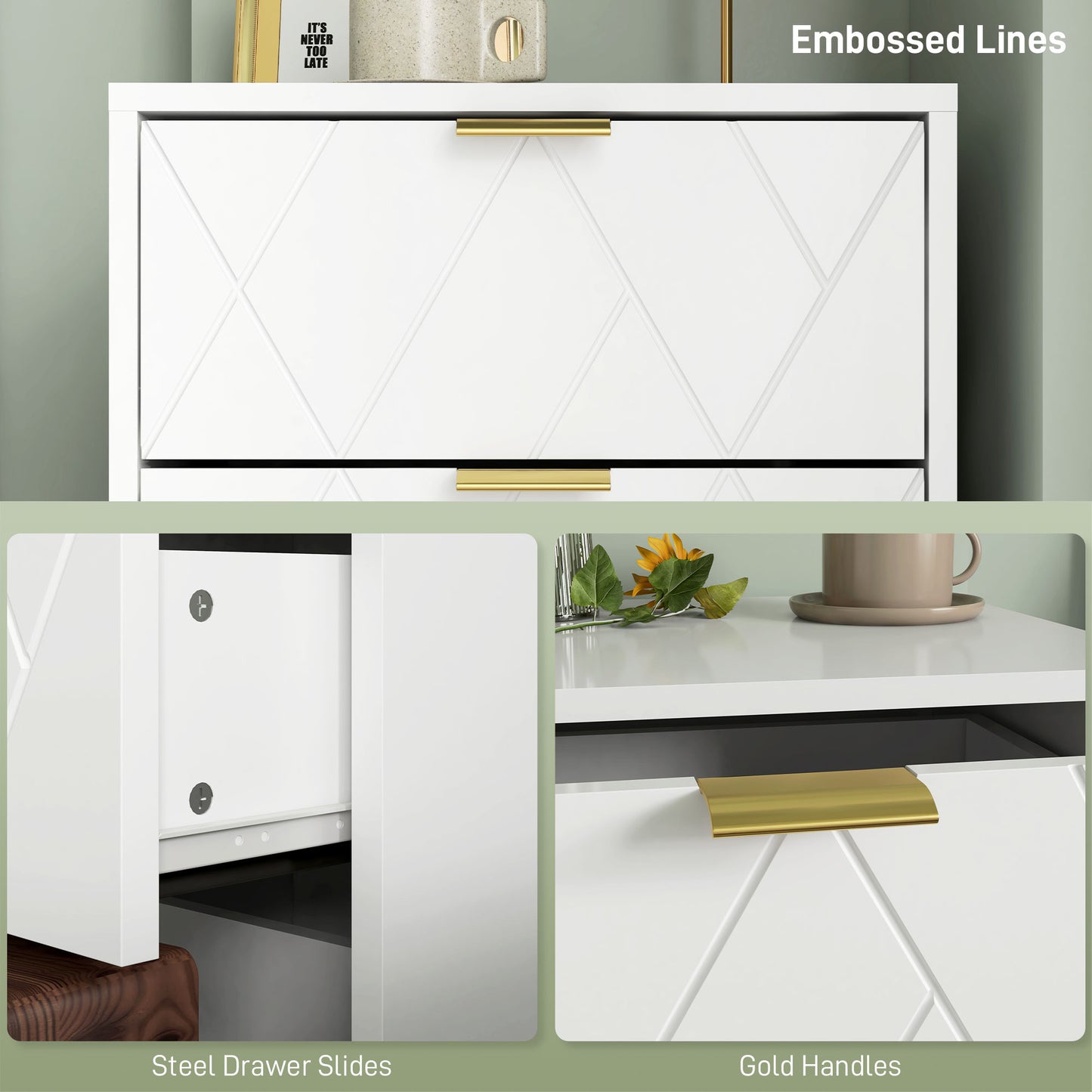 Modern Bedside Table with Gold Hairpin Legs and 2 Drawers, White