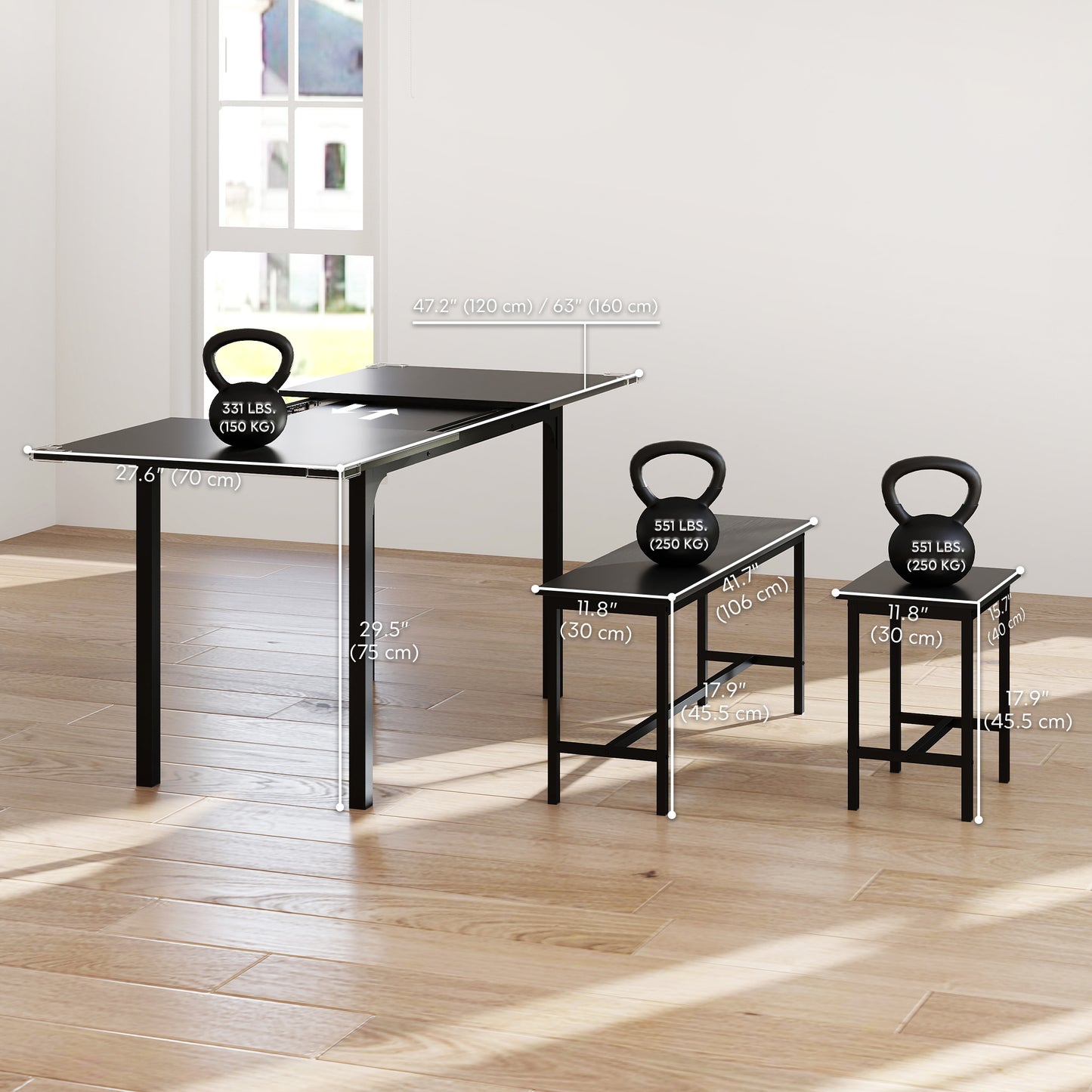 5-Piece Extendable Dining Set with Benches and Stools - Black