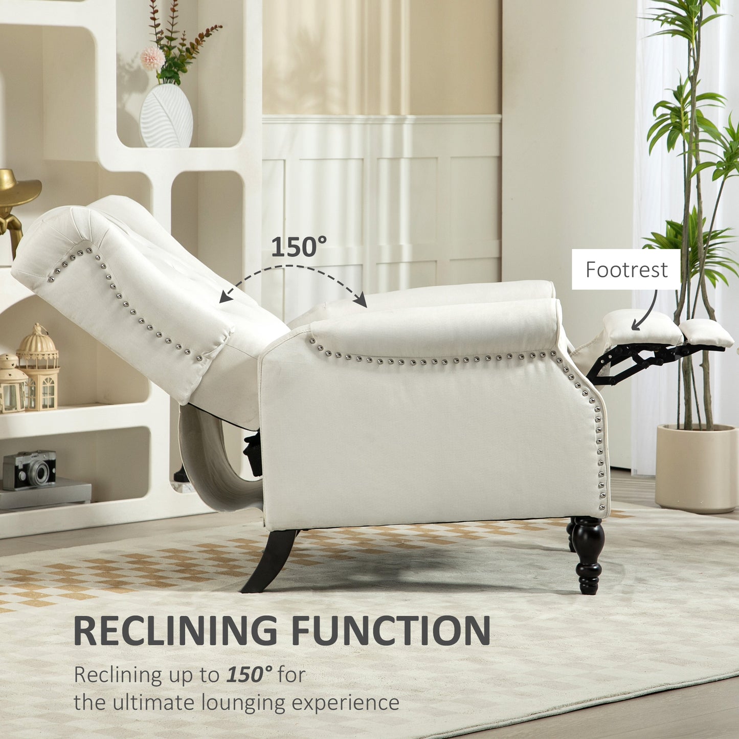 Wingback Reclining Chair with Button Tufting, Cream White
