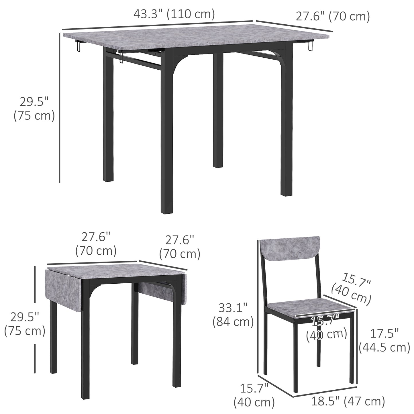 3-Piece Drop Leaf Dining Set with Table and 2 Chairs - Light Gray