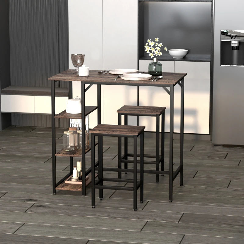Industrial Bar Table Set with 2 Stools and Storage Shelf