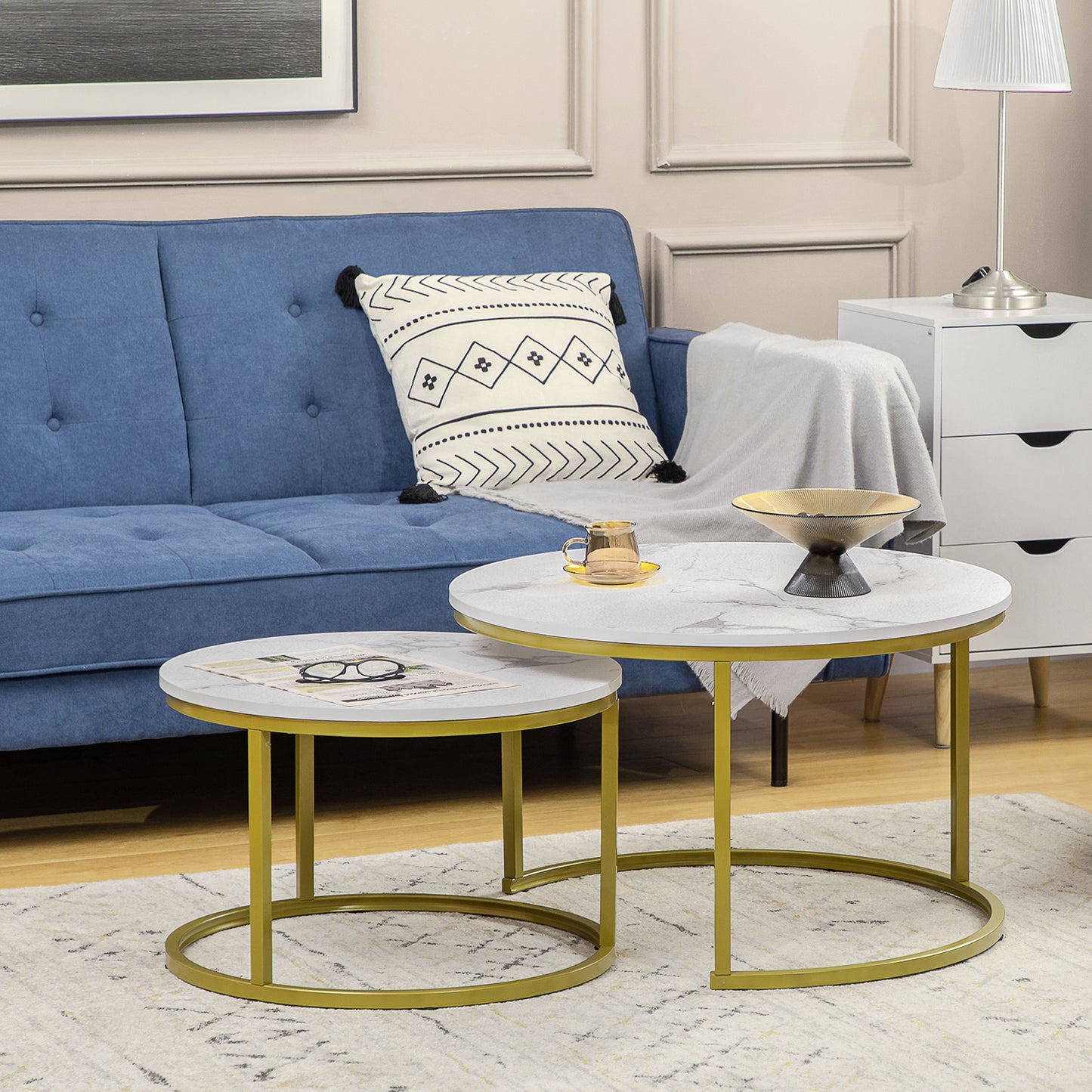 29" Round Nesting Coffee Tables with Faux Marble Top, White and Gold (Set of 2)