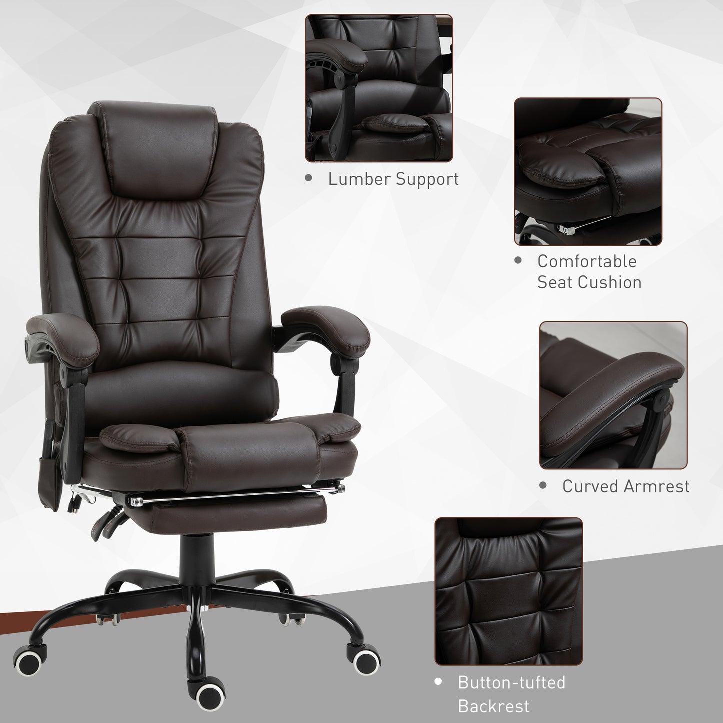 7-Point Vibrating Massage Office Chair with Footrest and Reclining Back, Brown