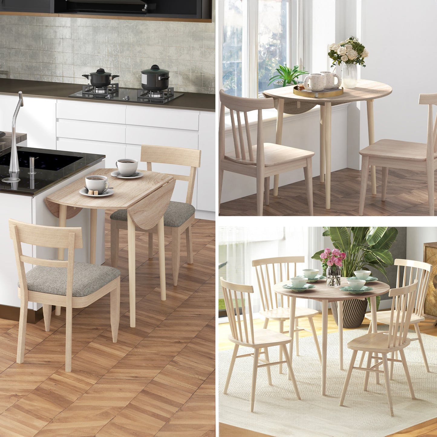 Oak Round Folding Dining Table with Drop Leaf for Small Spaces