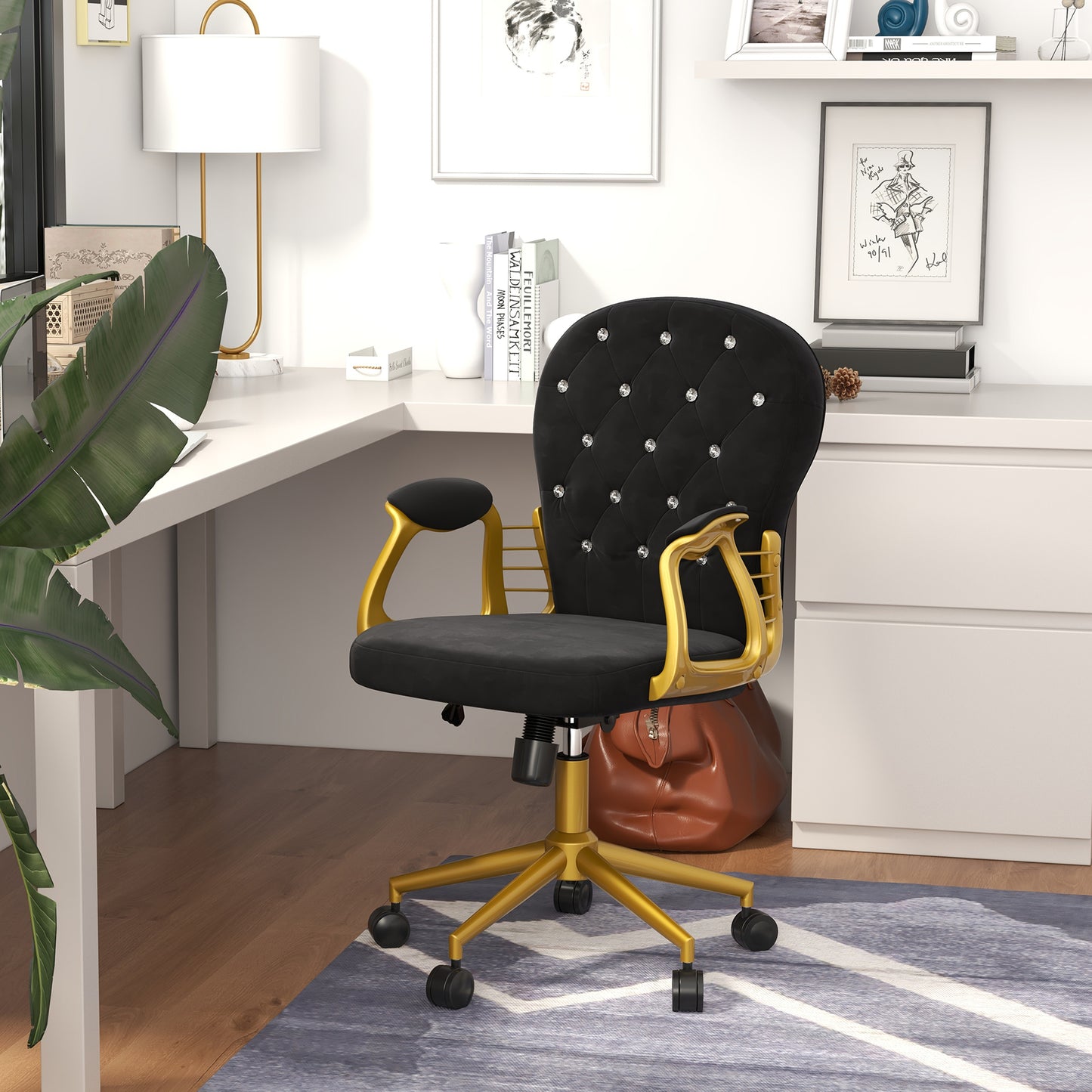 Button-Tufted Velvet Office Chair with Adjustable Height - Gold and Black