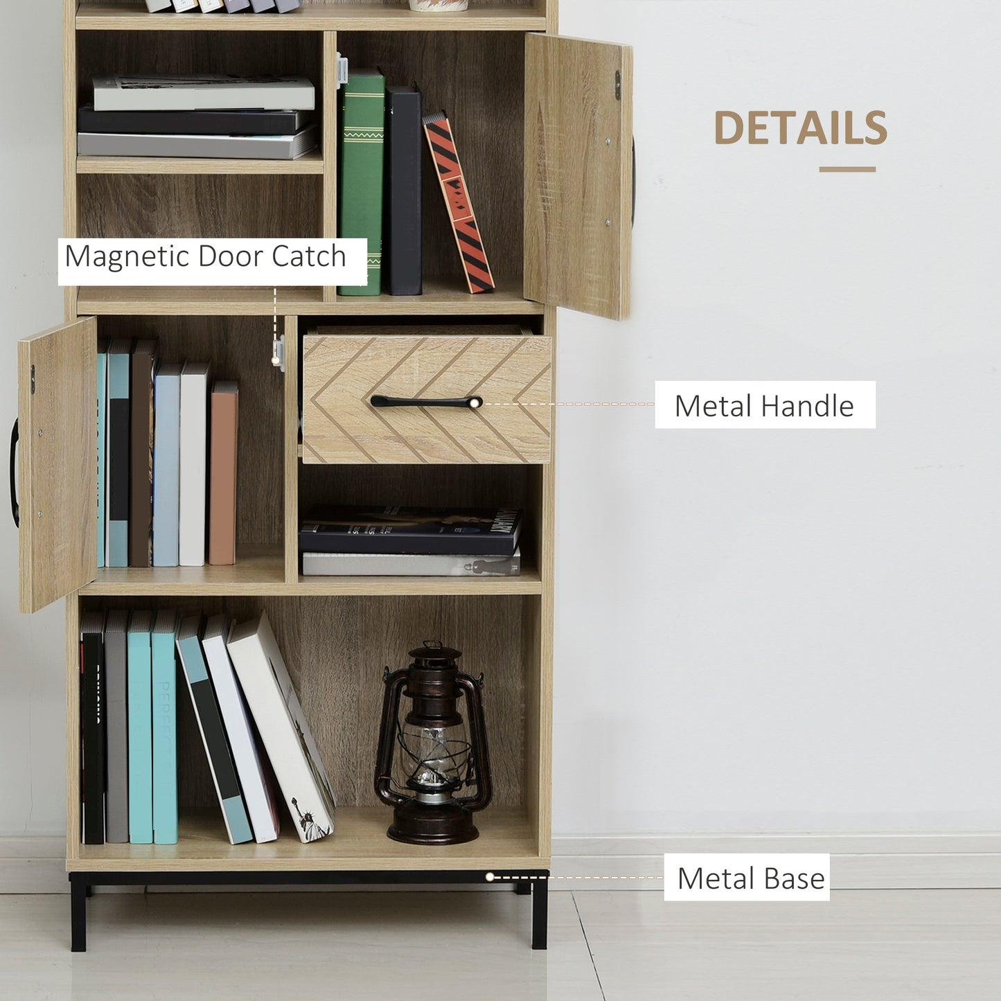 59" Storage Bookcase with Cabinets and Drawer, Natural Wood