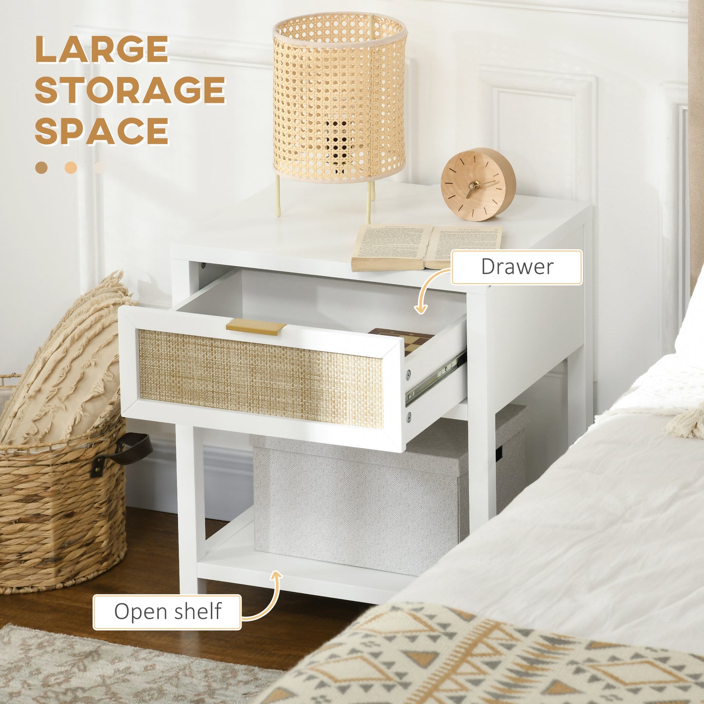 Boho Nightstand with Rattan Drawer and Open Shelf, White