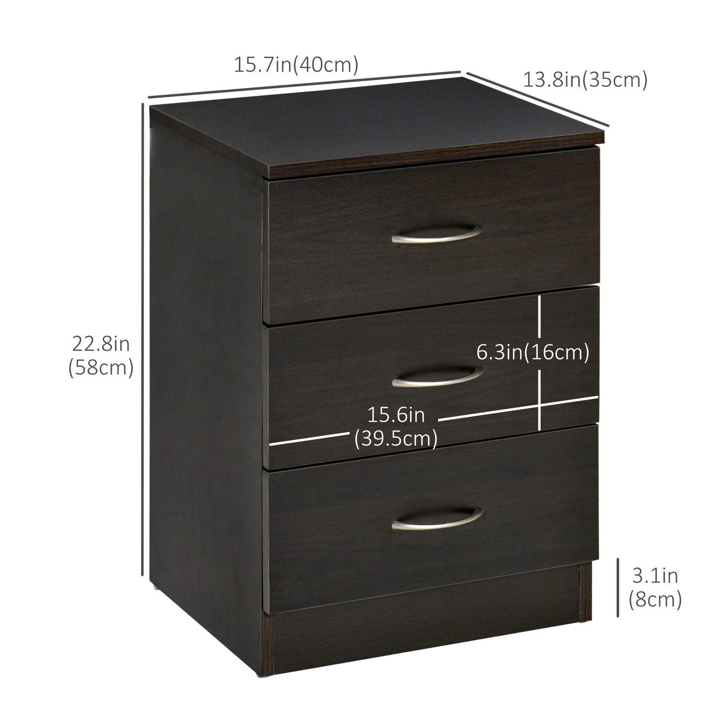 Modern 3-Drawer Nightstands with Anti-Tip Design, Dark Brown (Set of 2)