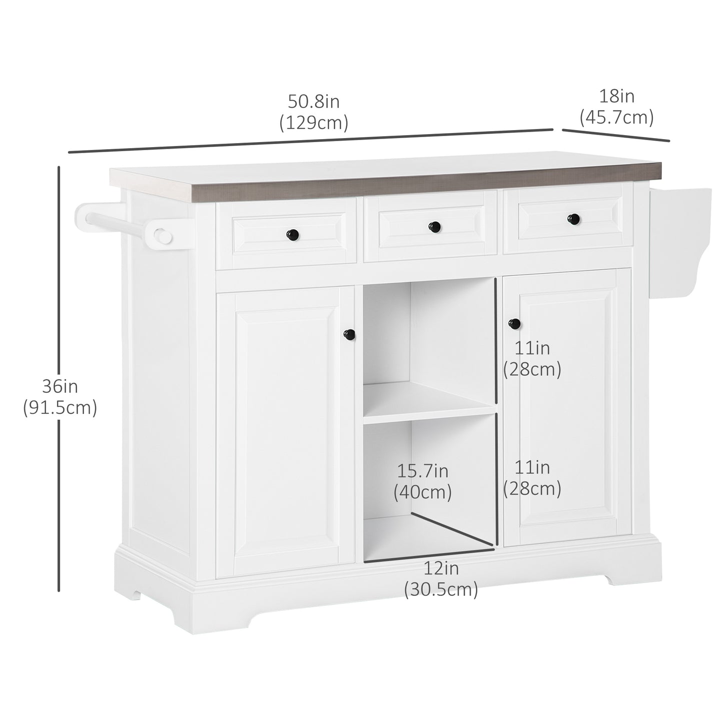 Kitchen Island Cart with Stainless Steel Top, Spice Rack and Storage Drawers, White