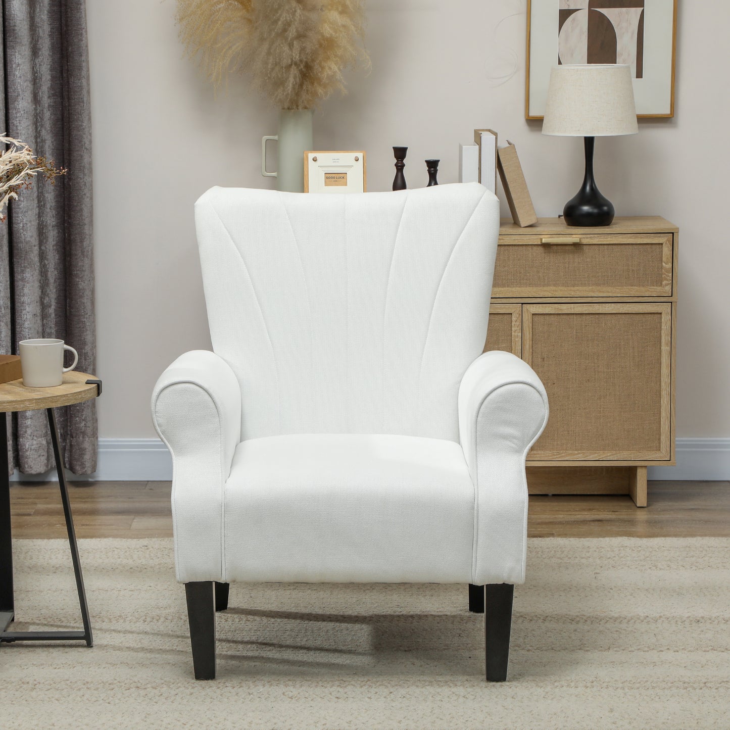 Fabric Wingback Accent Chair with Wood Legs, Cream White