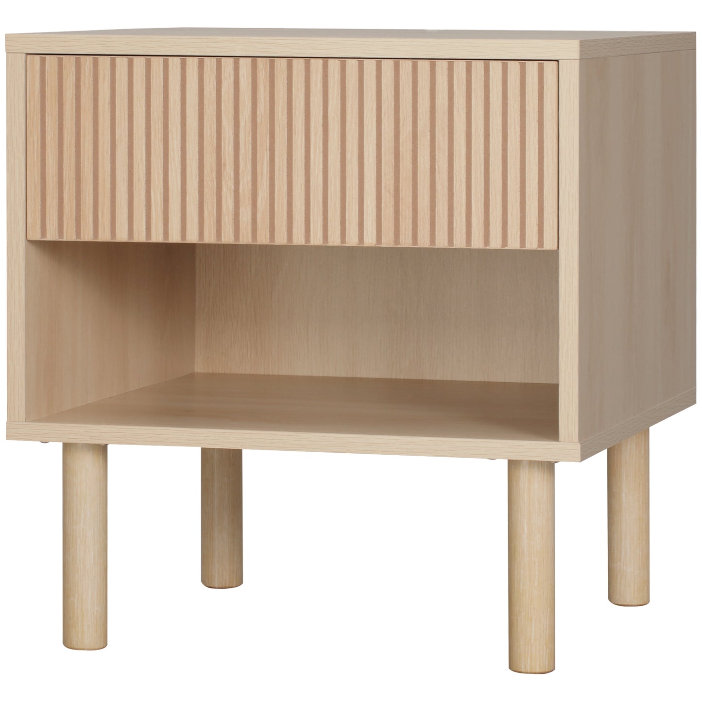 Modern Bedside Table with Drawer and Open Shelf, Natural Wood