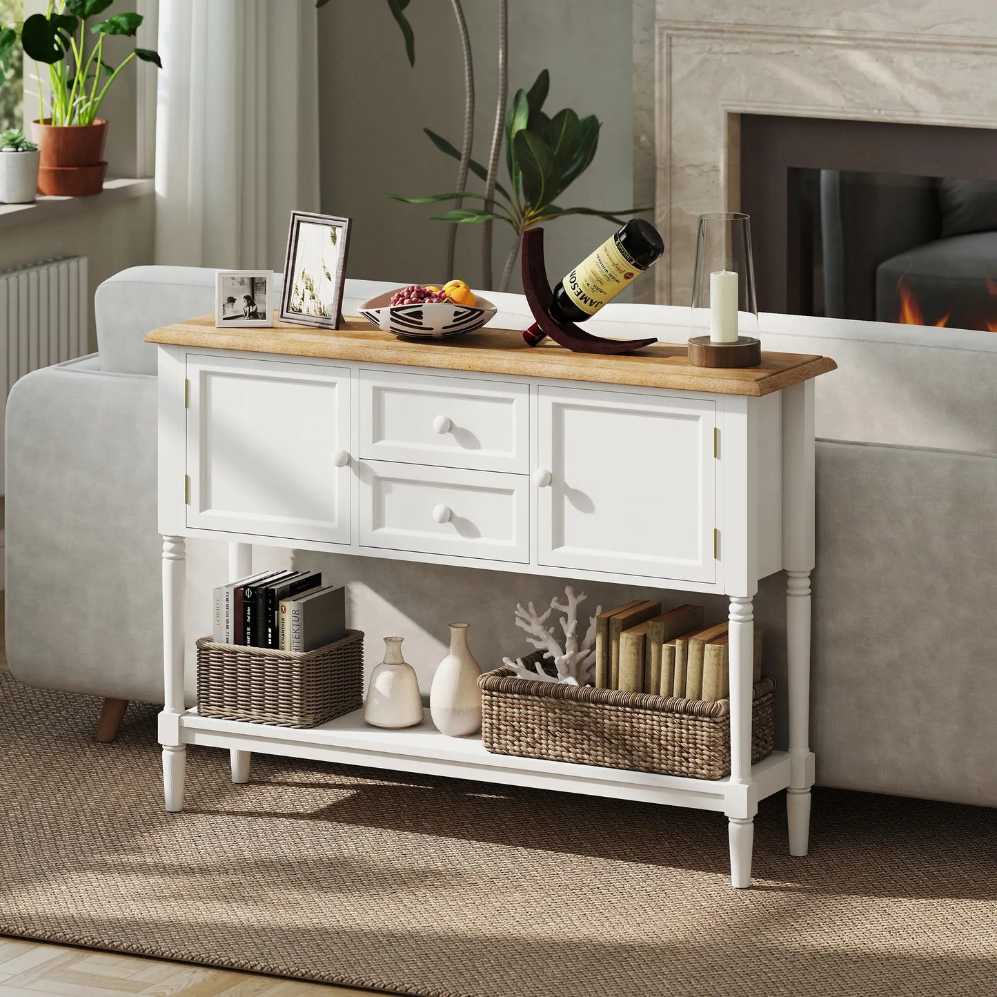 45" Vintage Console Table with Drawers and Cabinets, White