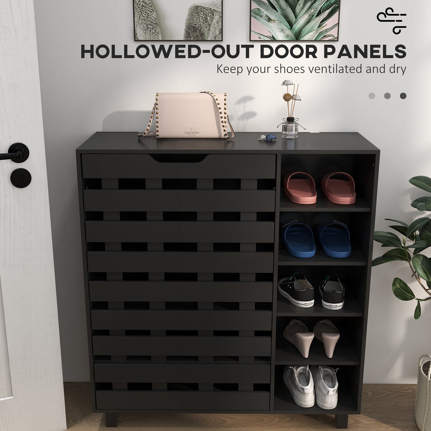 21 Pair Shoe Storage Cabinet with Double Doors and Open Shelves, Black