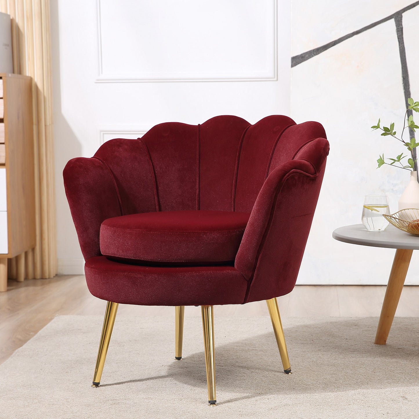 Modern Velvet Accent Chair with Lotus Backrest and Gold Legs, Wine Red