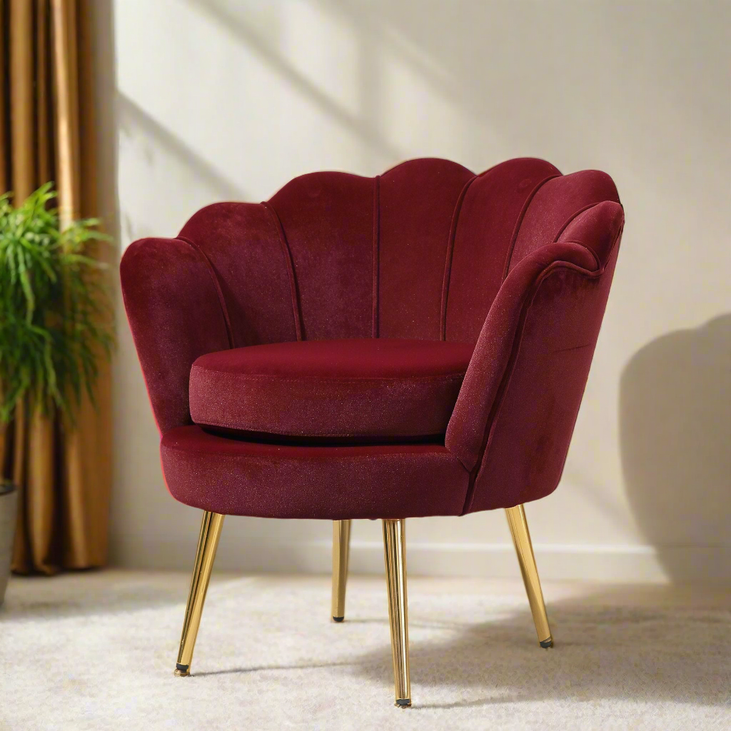 Modern Velvet Accent Chair with Lotus Backrest and Gold Legs, Wine Red