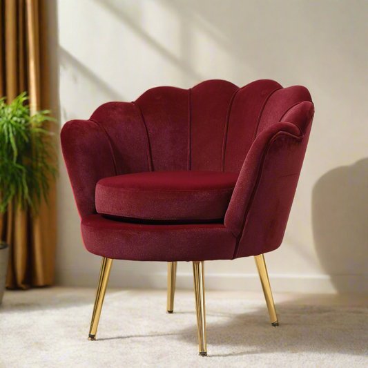 Modern Velvet Accent Chair with Lotus Backrest and Gold Legs, Wine Red