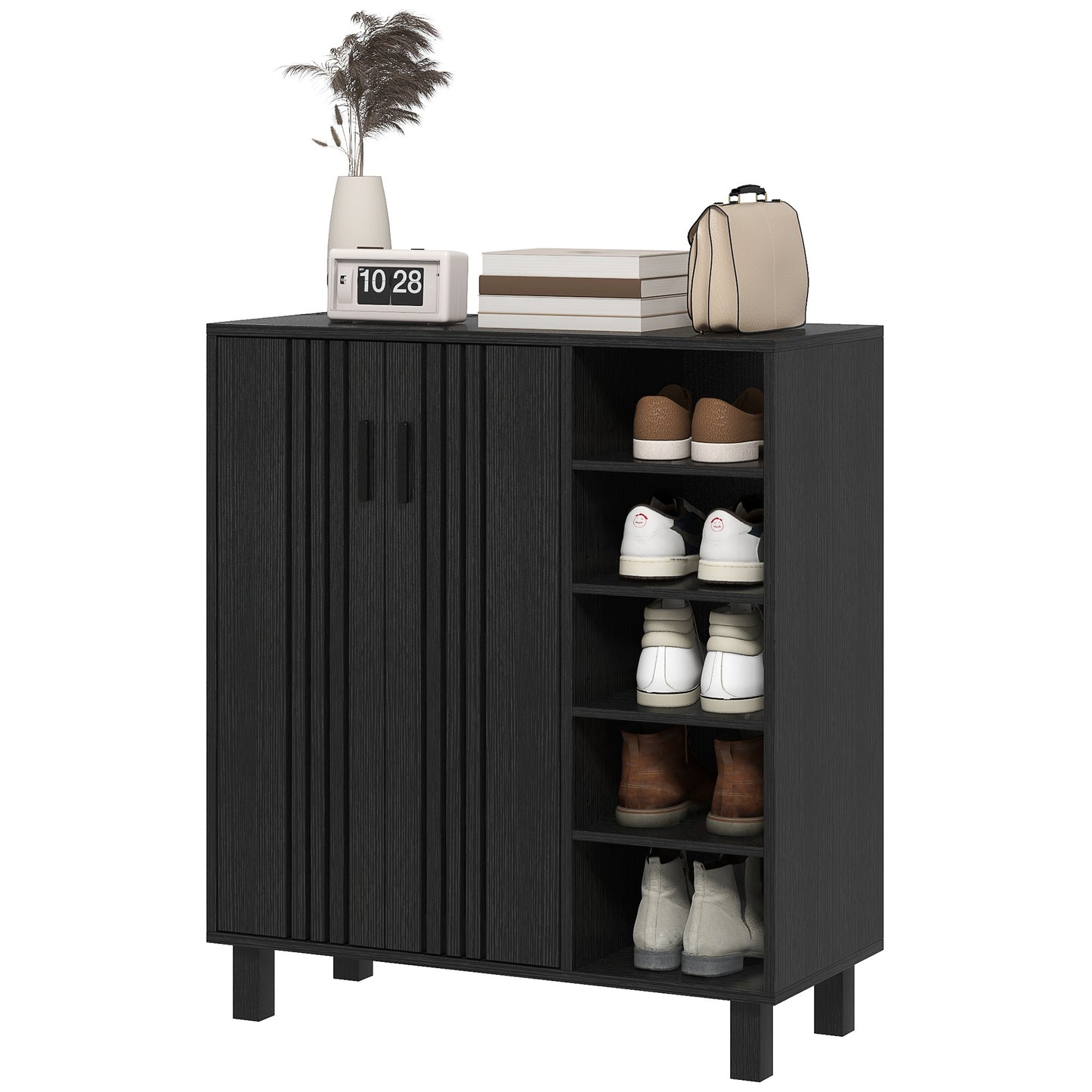 17 Pair Shoe Storage Cabinet with Double Doors and Open Shelves, Black