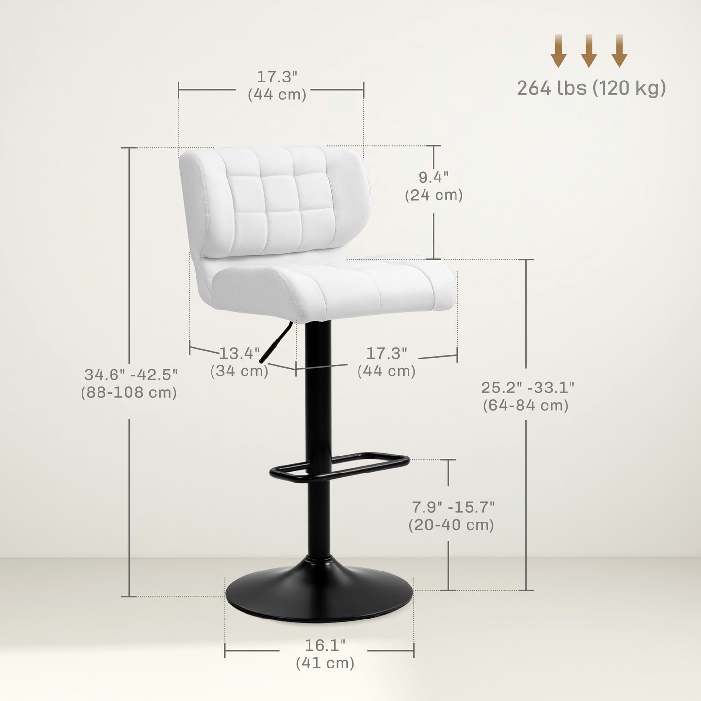 Adjustable Height Swivel Bar Stools with Tufted PU Leather, White (Set of 2)