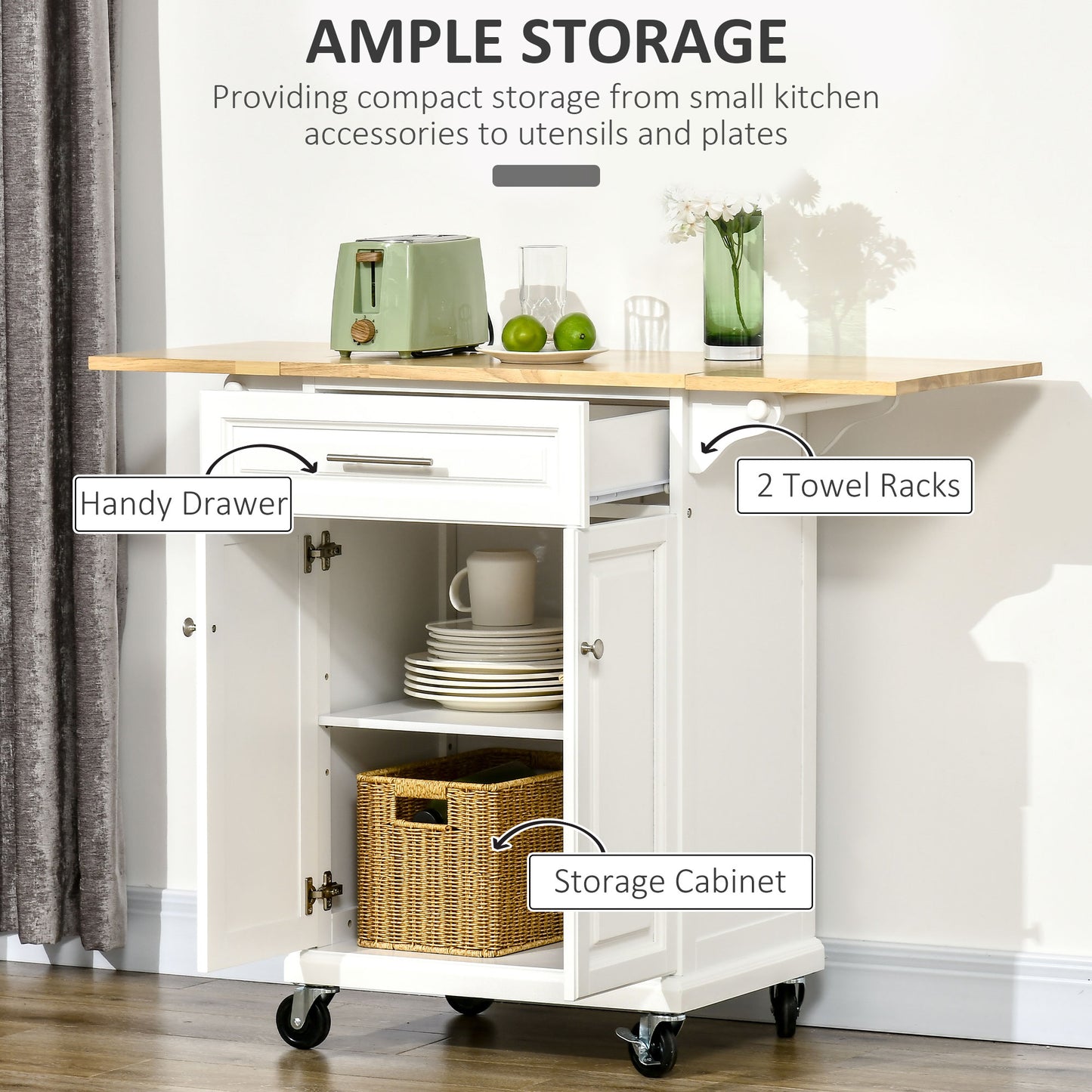 Kitchen Island Cart with Extended Counter, Drawer Cabinet and Towel Racks, White