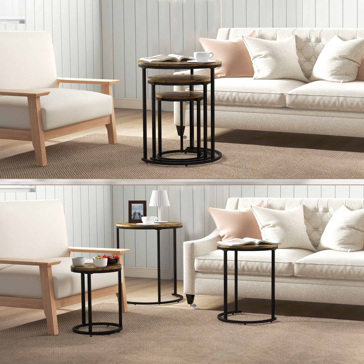 Round Nesting Coffee Table Set of 3 with Steel Frame - Rustic Brown
