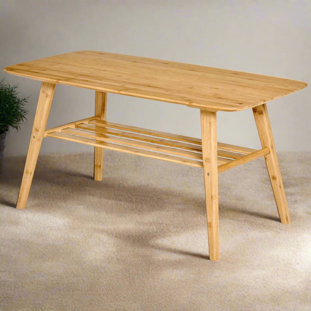 2-Tier Bamboo Coffee Table with Storage Shelf, Natural