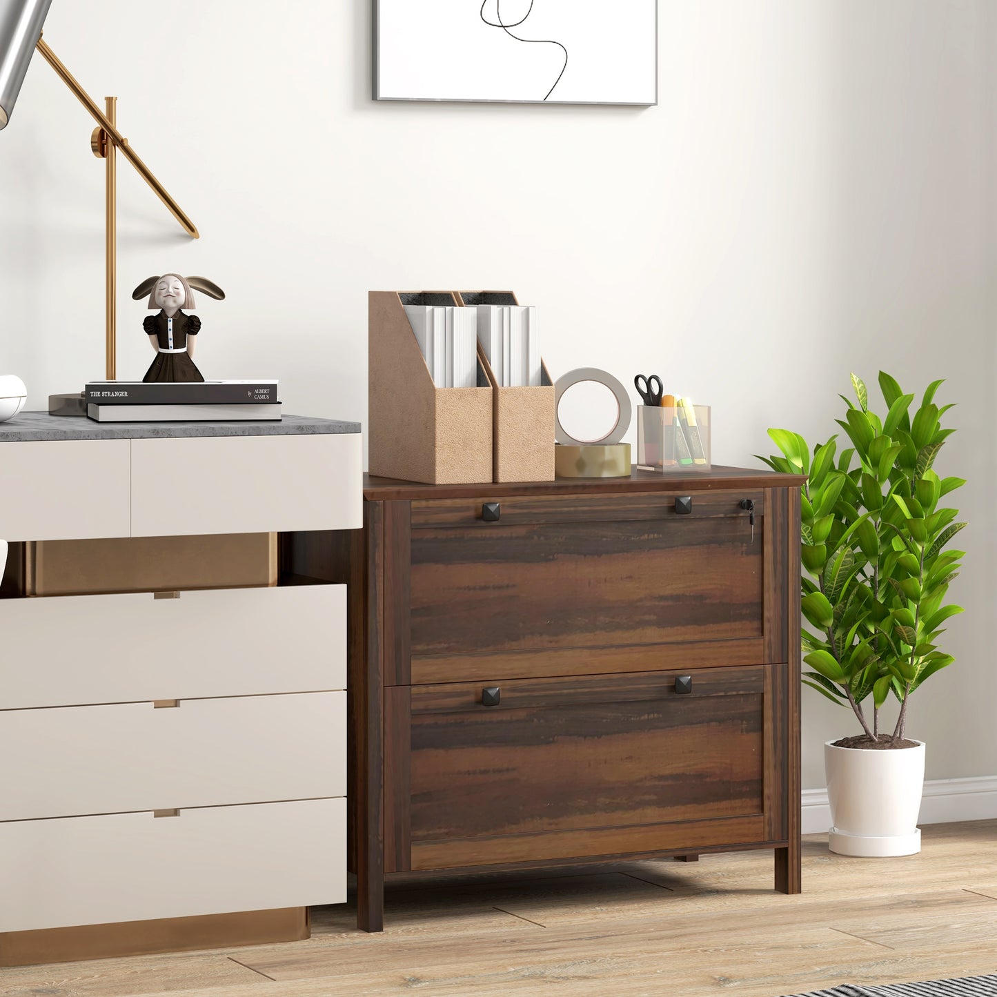 2-Drawer Wooden File Cabinet with Lock - Brown