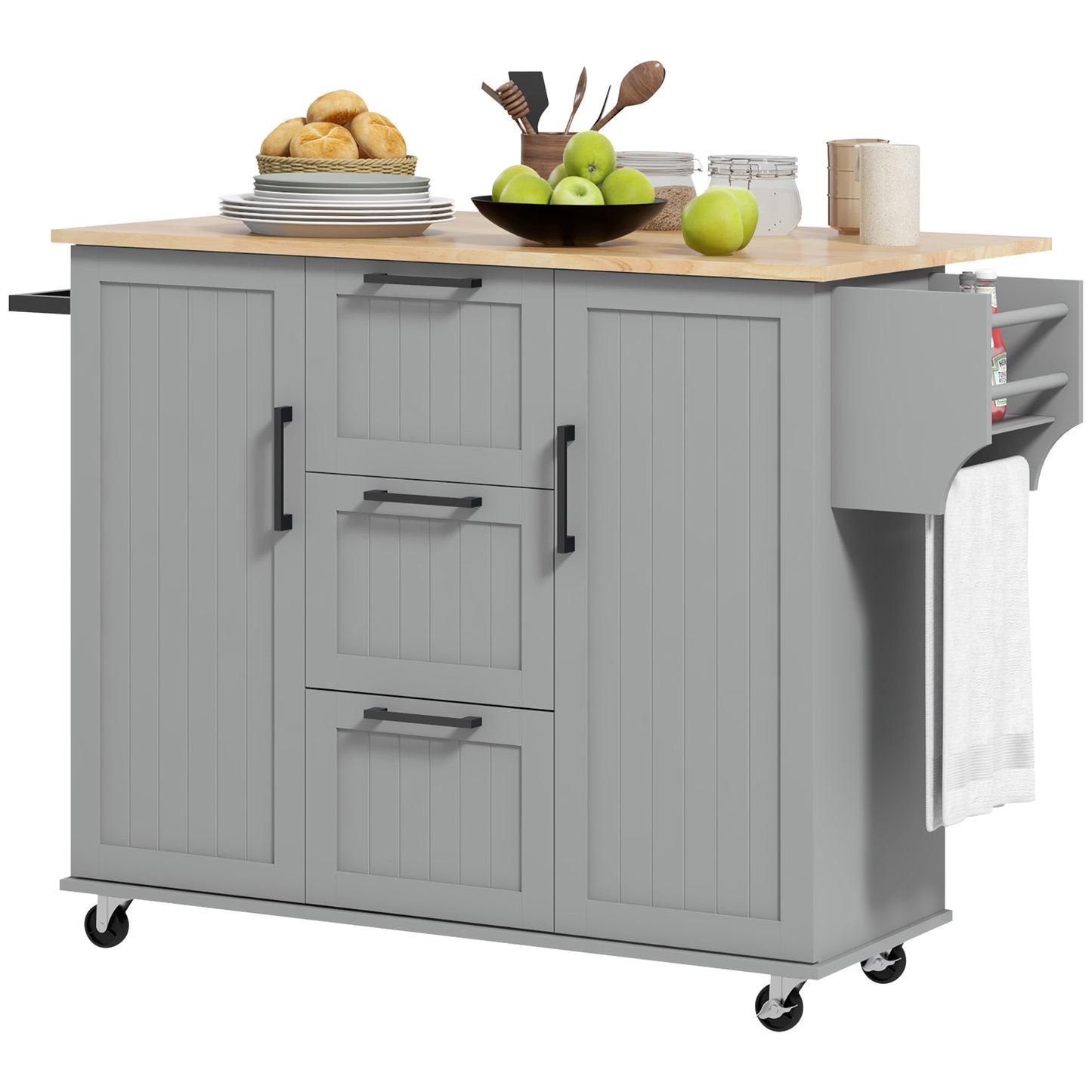 Rolling Kitchen Cart with Drop Leaf, 3 Drawers and Solid Wood Top, Grey