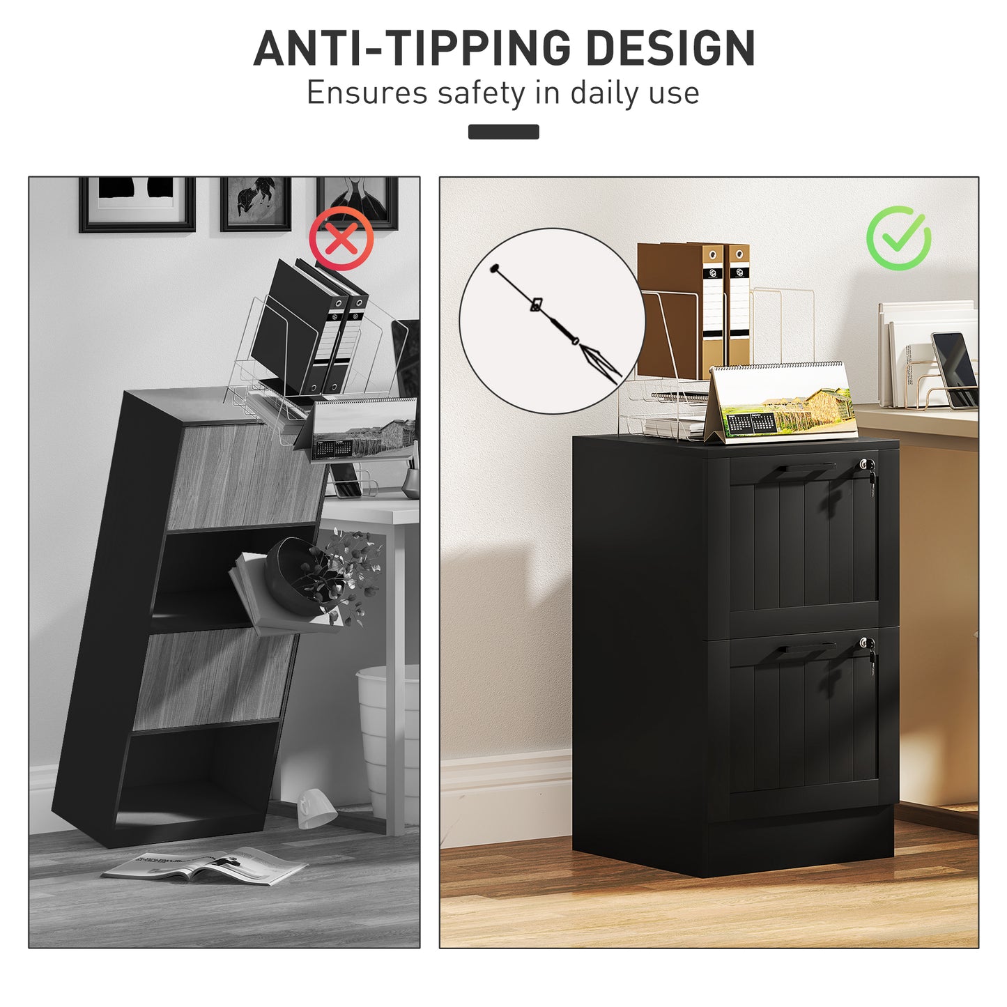 2-Drawer Locking File Cabinet with Adjustable Hanging Bars