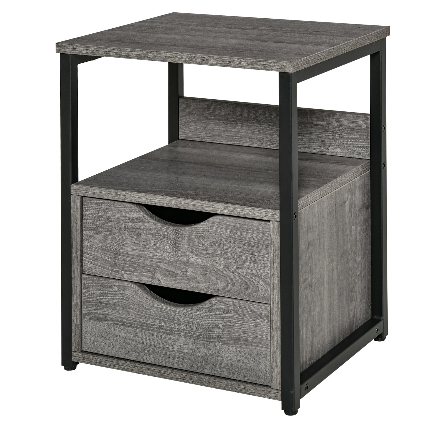 Industrial Style Nightstand with 2 Drawers and Storage Shelf, Gray