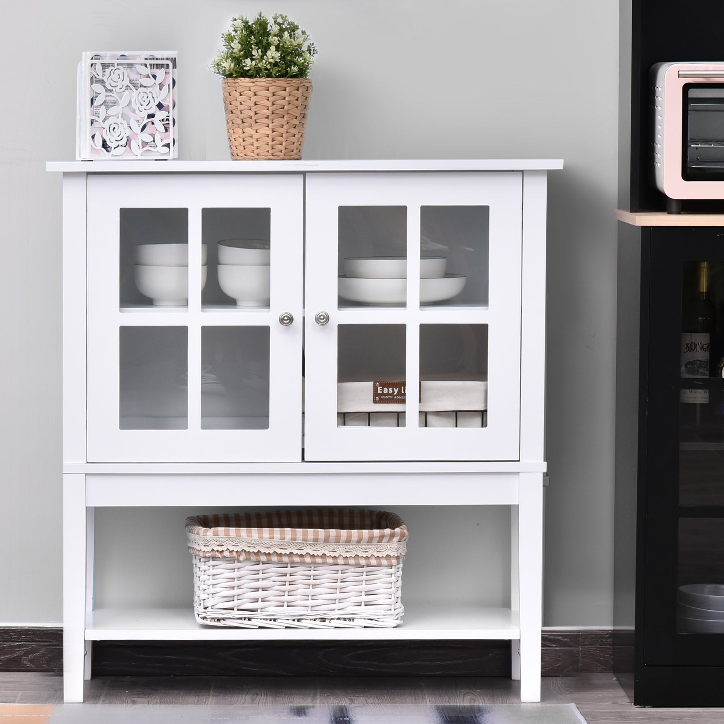31" Modern Sideboard with Glass Doors and Adjustable Shelving, White