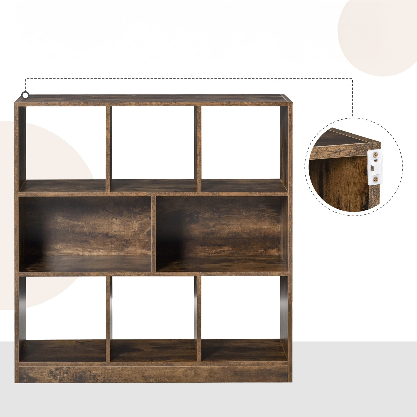 3-Tier Storage Bookcase with Staggered Dividers, Rustic Brown