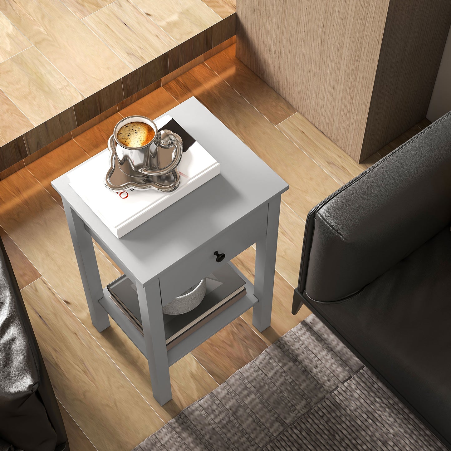 2-Tier Side Tables with Drawer and Shelf, Gray (Set of 2)