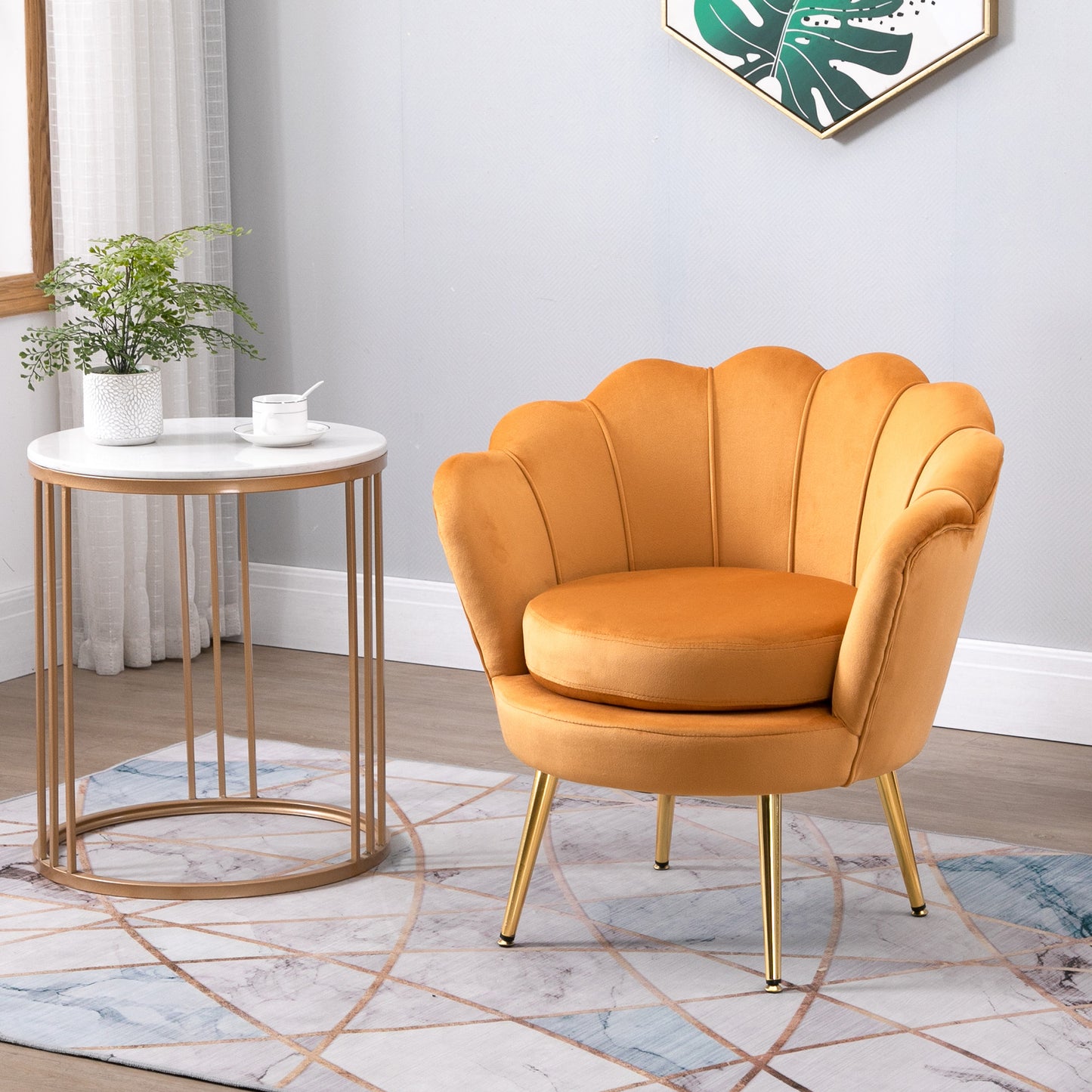 Modern Velvet Accent Chair with Lotus Backrest and Gold Legs, Yellow