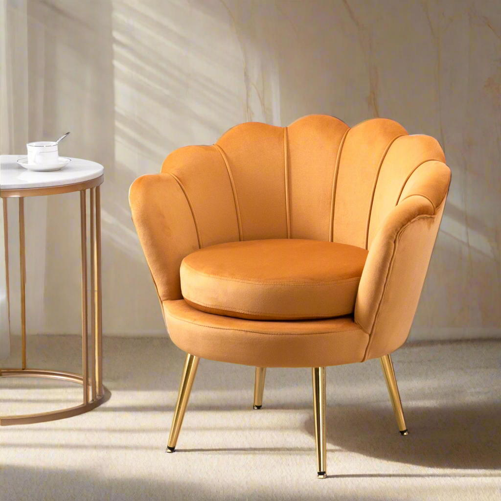 Modern Velvet Accent Chair with Lotus Backrest and Gold Legs, Yellow