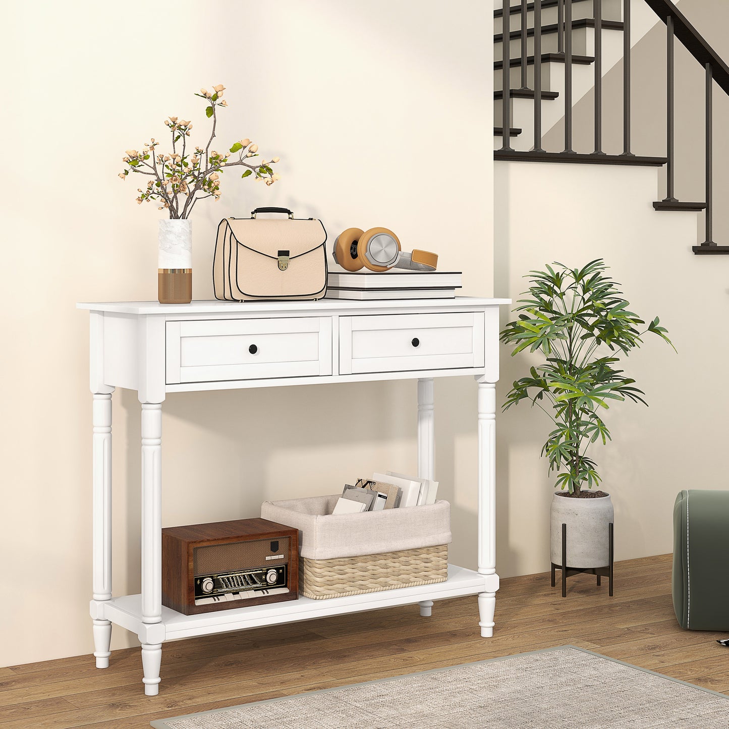 36" Console Table with Classic Turned Legs and Storage, White