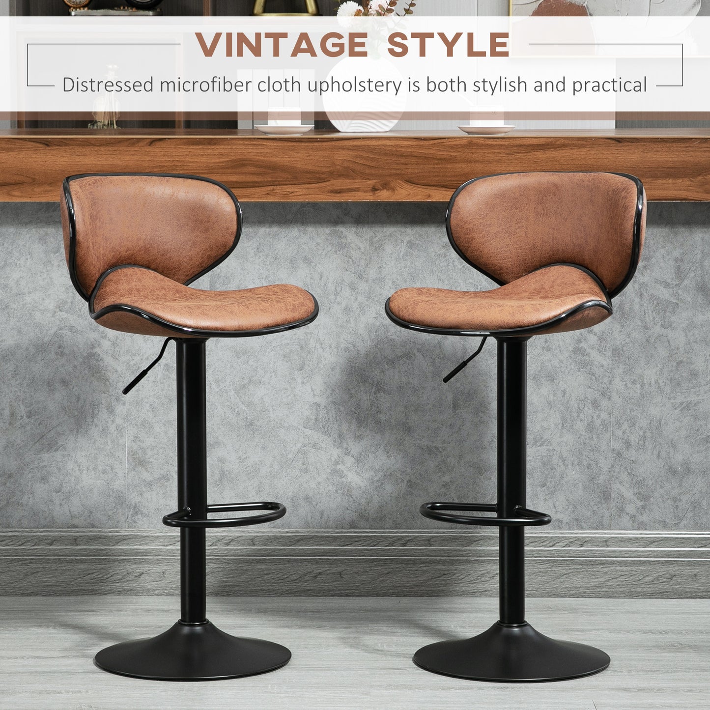 Adjustable Height Swivel Bar Stools with Microfiber Upholstery, Brown (Set of 2)