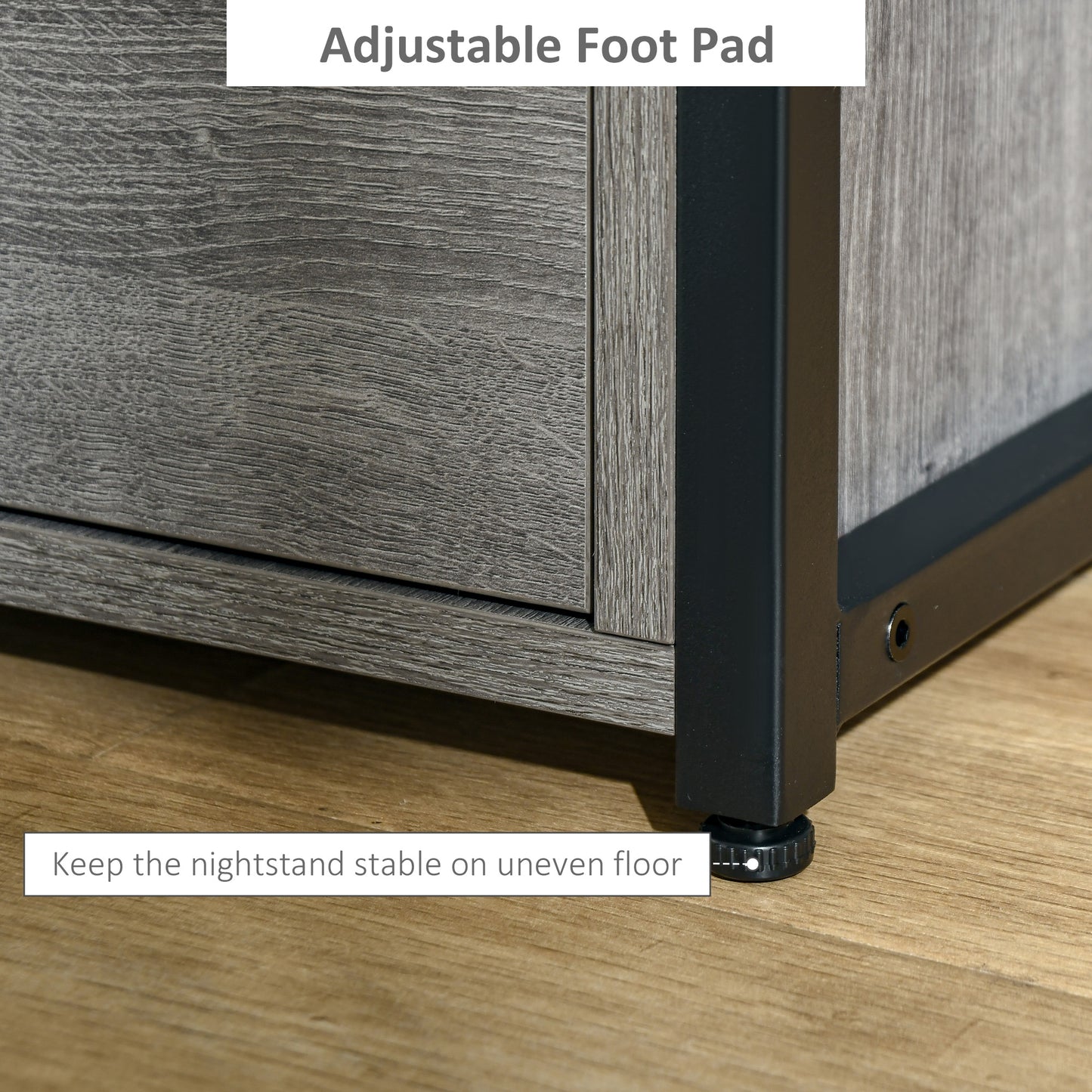 Industrial Style Nightstand with 2 Drawers and Storage Shelf, Gray