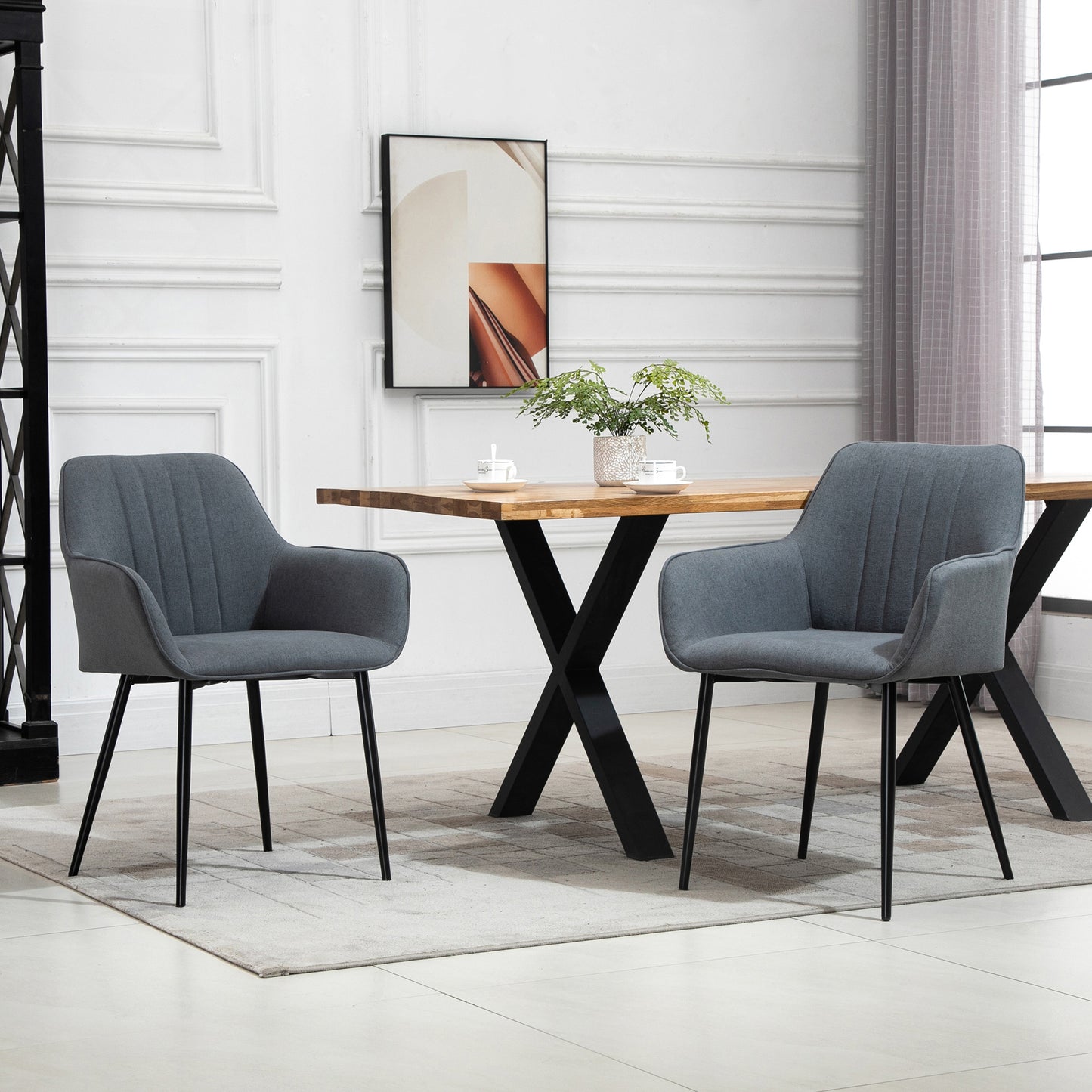 Linen Fabric Armchair Dining Chairs with Metal Legs, Dark Grey (Set of 2)