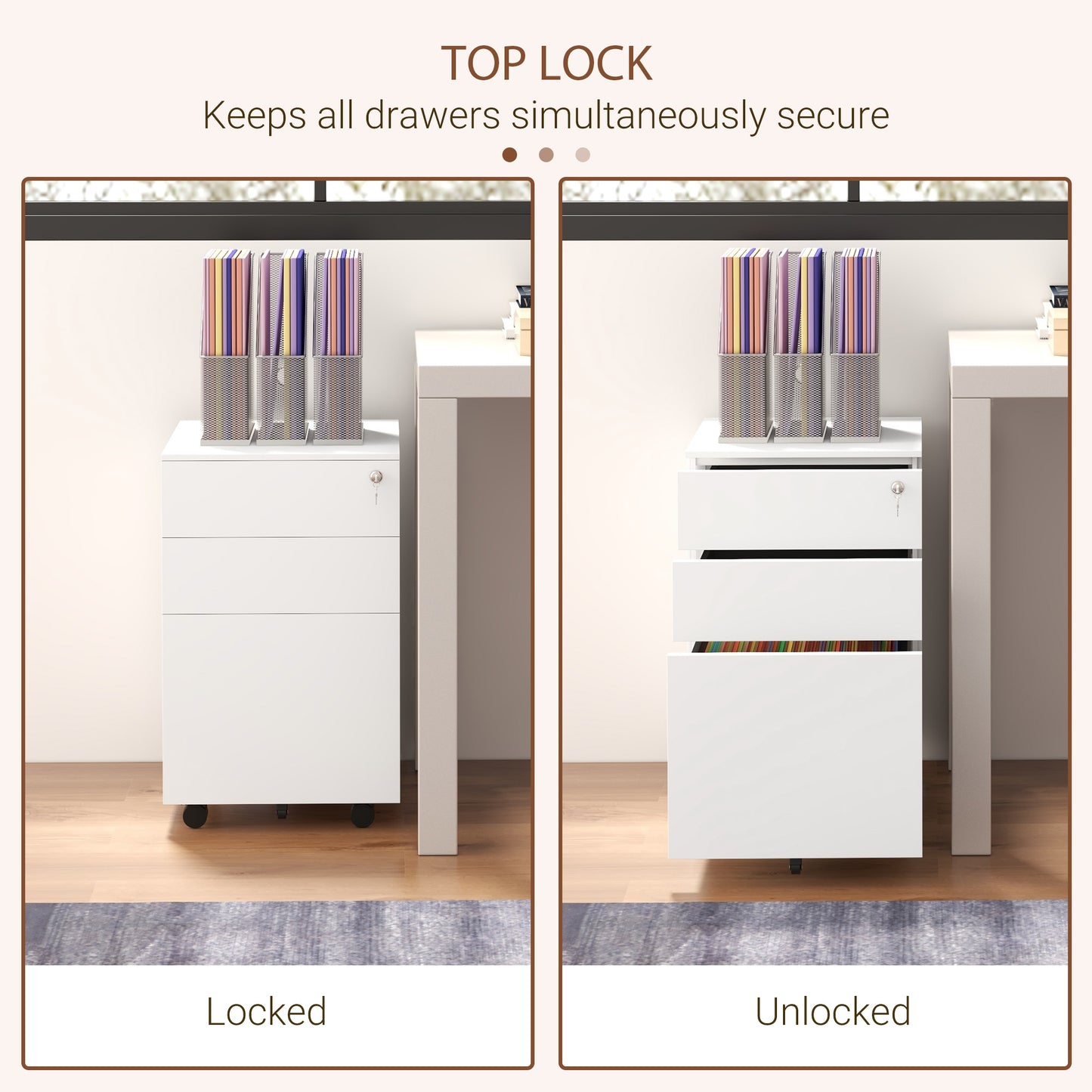 3-Drawer Mobile Steel Filing Cabinet with Lock - White