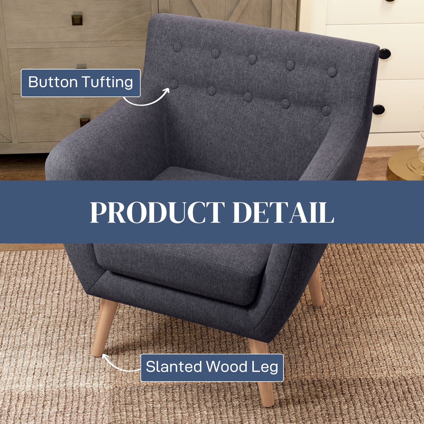 Linen Upholstery Armchair, Mid-Century Modern Accent Chair with Wood Frame, Dark Gray