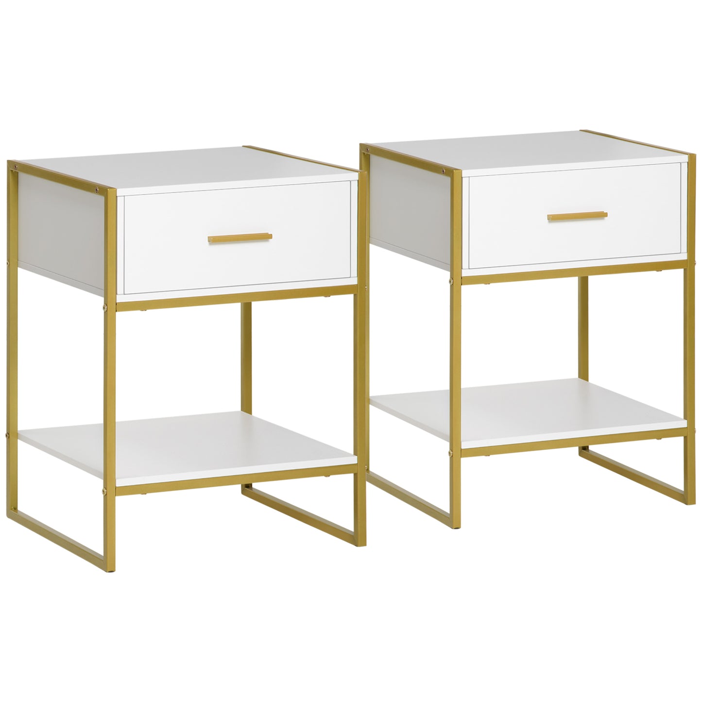 Modern Nightstands with Gold Steel Frame, White (Set of 2)