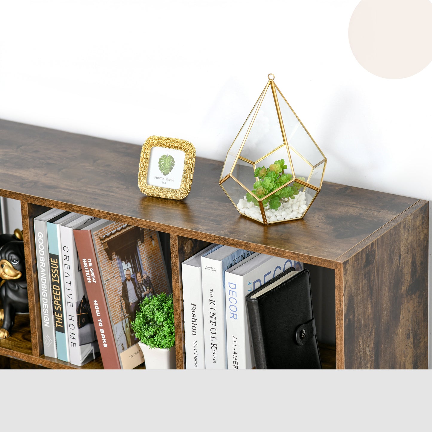 3-Tier Storage Bookcase with Staggered Dividers, Rustic Brown