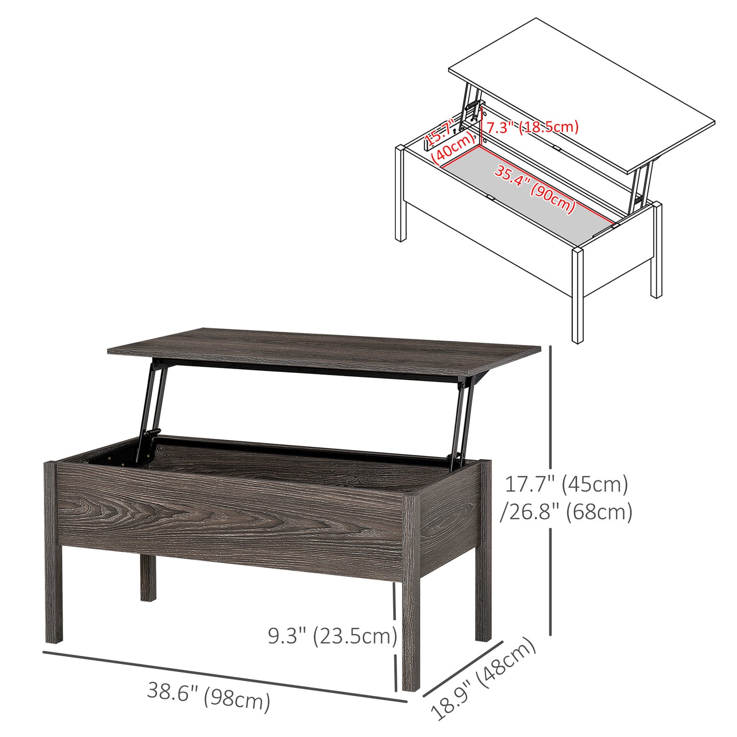 39" Lift Top Coffee Table with Hidden Storage, Gray